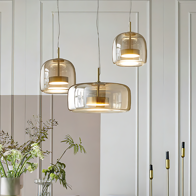 LED Pendant Light in Golden Metal and Glass for Bedroom Decor