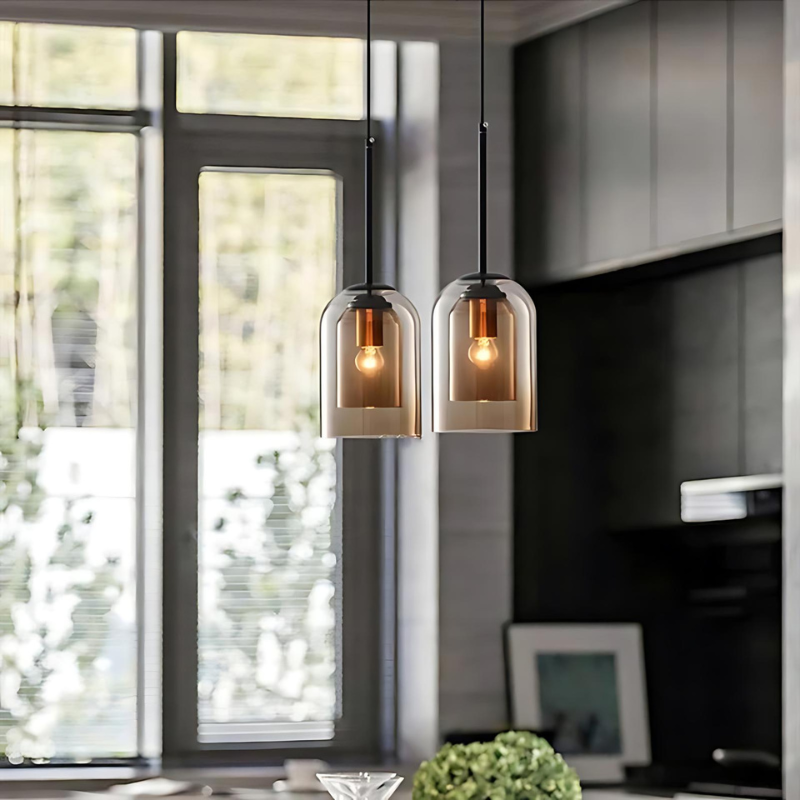 Mid-Century Pendant Light with Double Glass in Smoke Grey and Rust for Home
