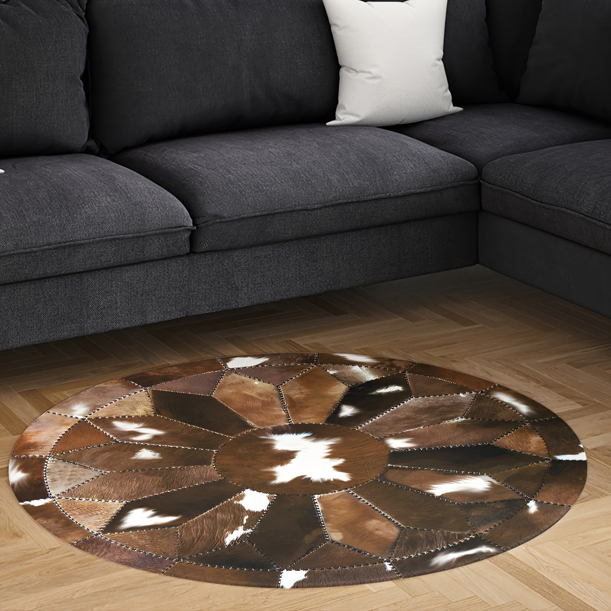 Round Faux Leather Anti-Slip Paisley Rug for Home and Office Decor