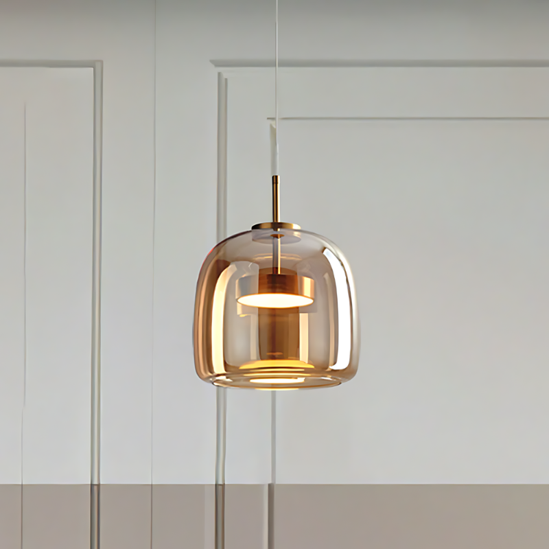 LED Pendant Light in Golden Metal and Glass for Bedroom Decor