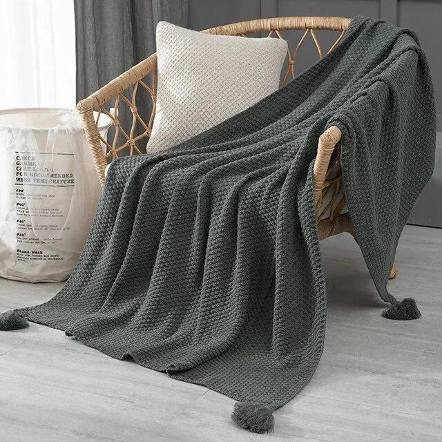 Cozy Cotton Knitted Blanket with Tassels for Home and Office Comfort