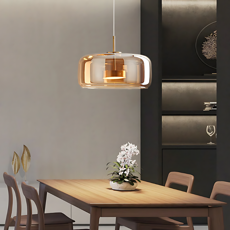 LED Pendant Light in Golden Metal and Glass for Bedroom Decor