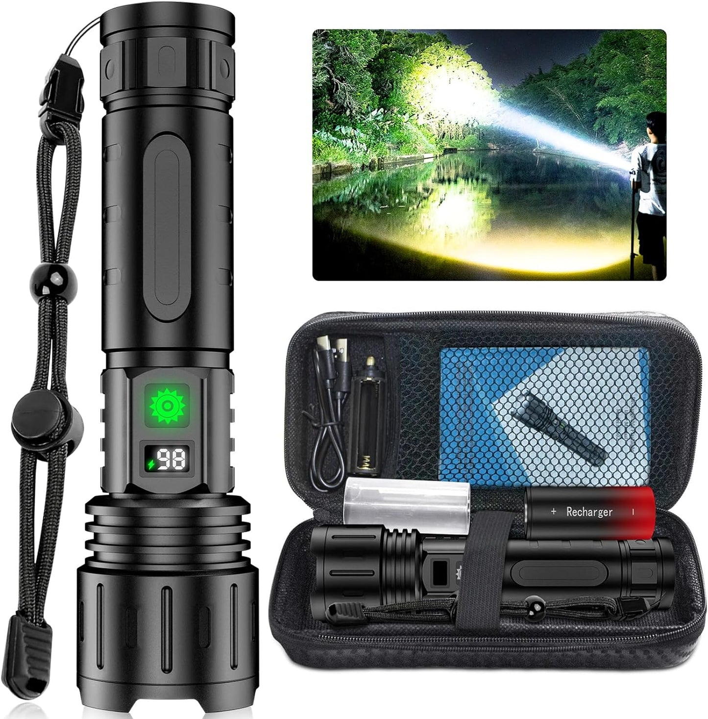 The image shows a black high-lumen tactical LED torch with a neck strap, a set of tools, and a clear LCD display indicating battery life. It also includes a torch case with a Type-C cable and additional accessories.