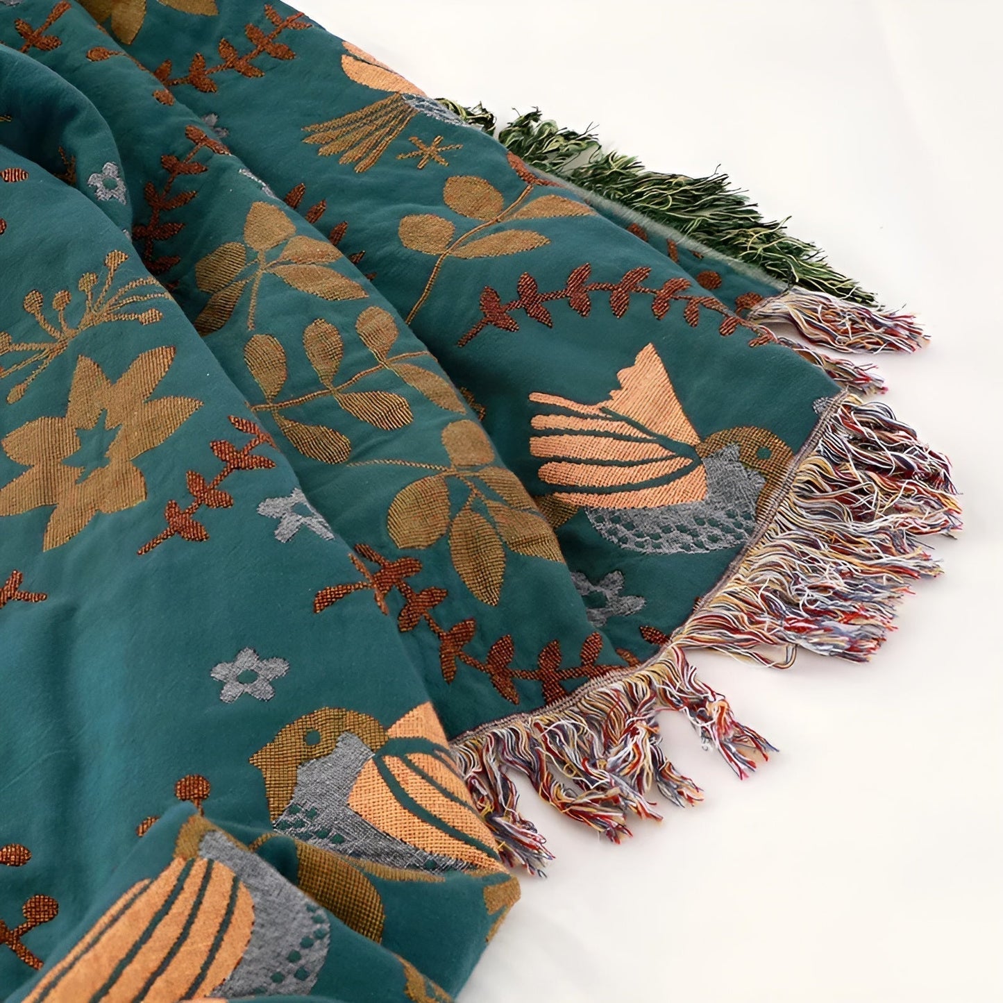 Cotton Reversible Blanket - Boho Bird and Flower Pattern for Home Decor