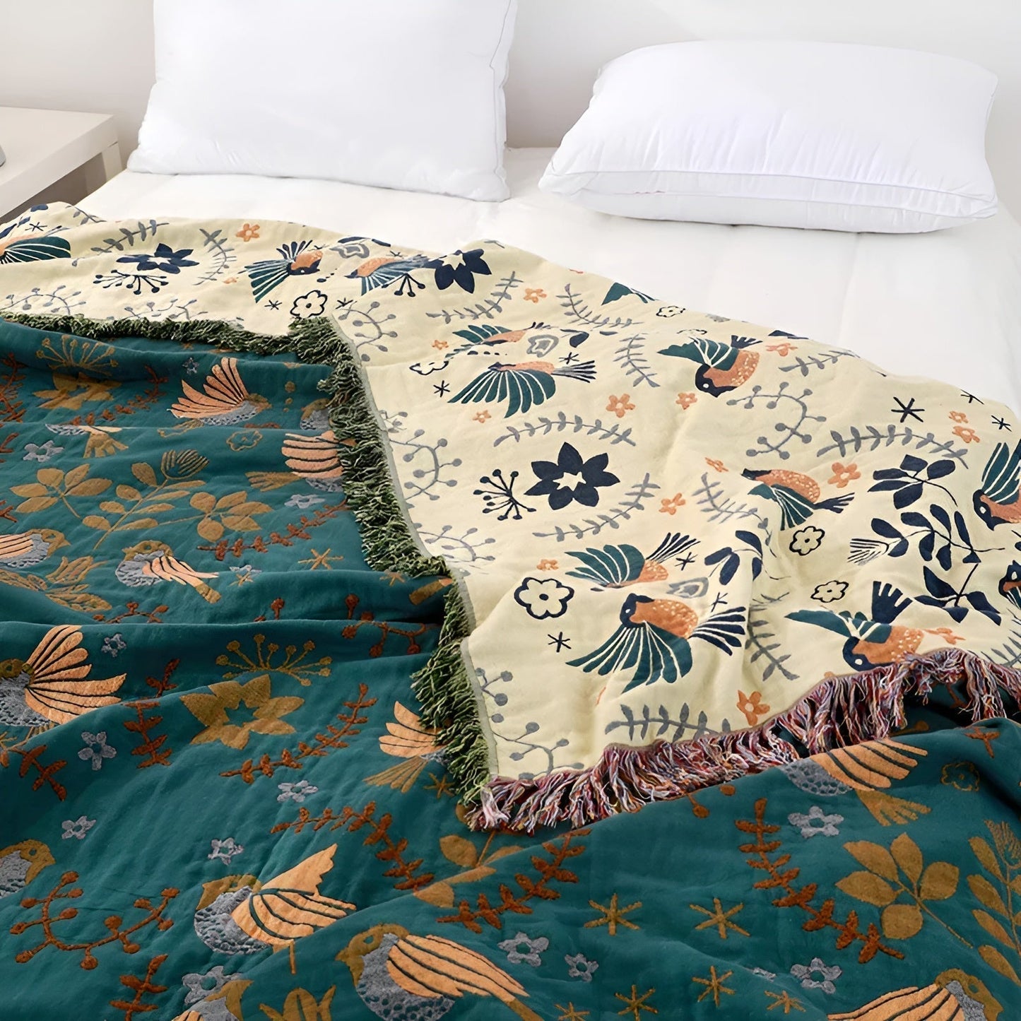 Cotton Reversible Blanket - Boho Bird and Flower Pattern for Home Decor