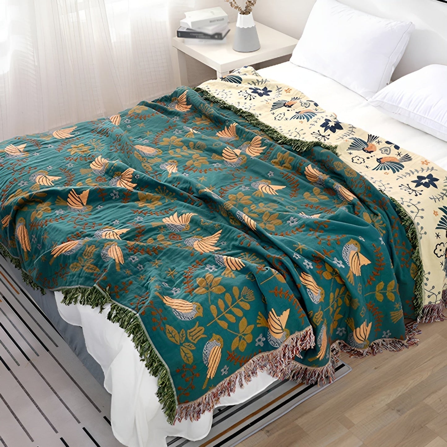 Cotton Reversible Blanket - Boho Bird and Flower Pattern for Home Decor