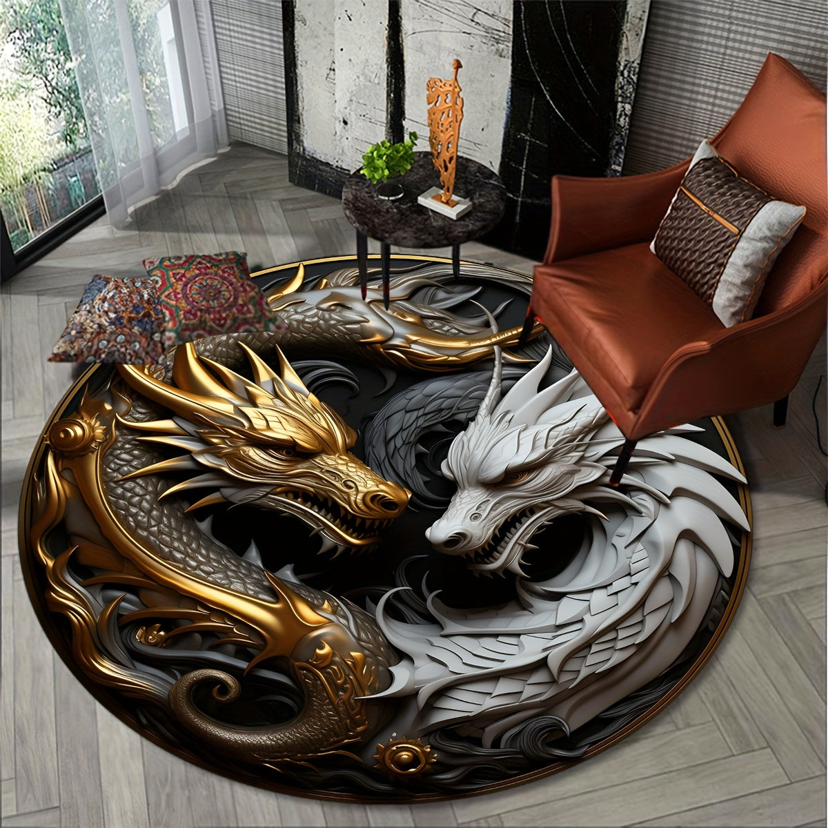 Round Dragon Pattern Anti-Slip Area Rug for Home and Office Decor