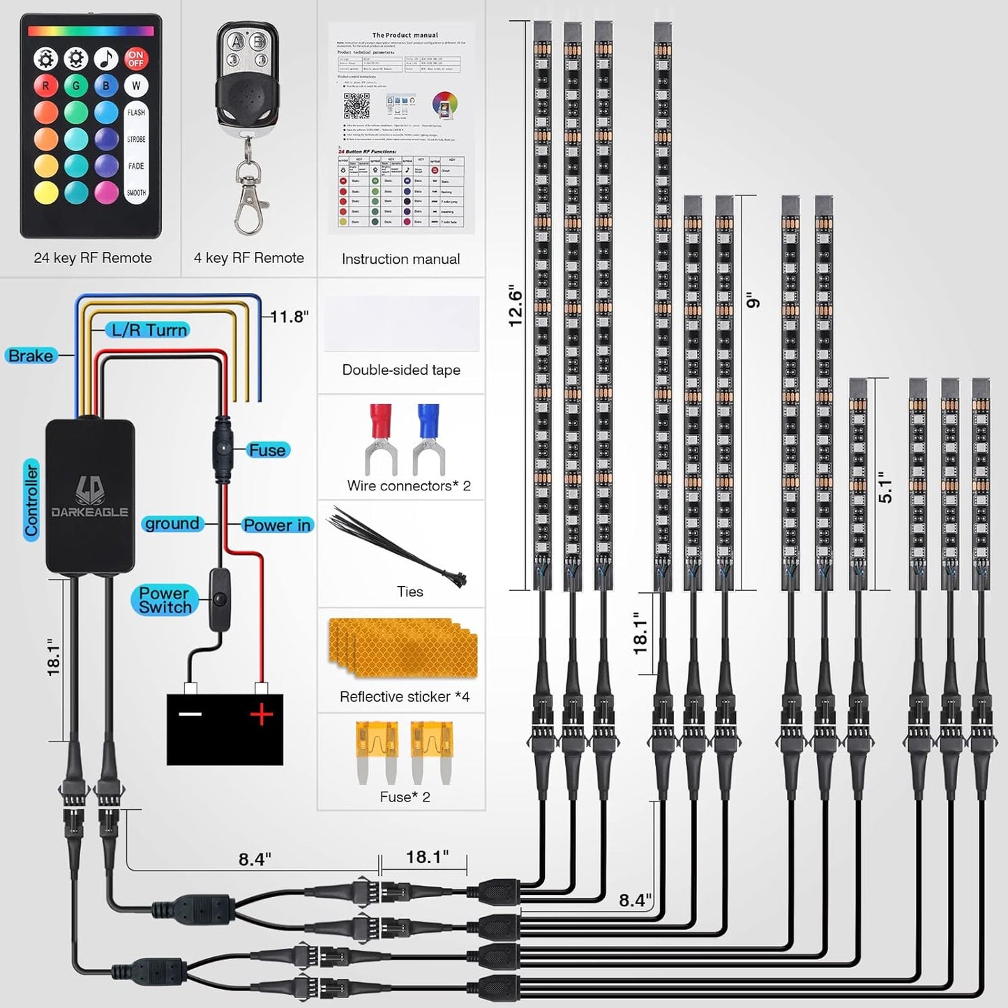 12pcs Motorcycle LED Light Kit Brake Light Turn Signal