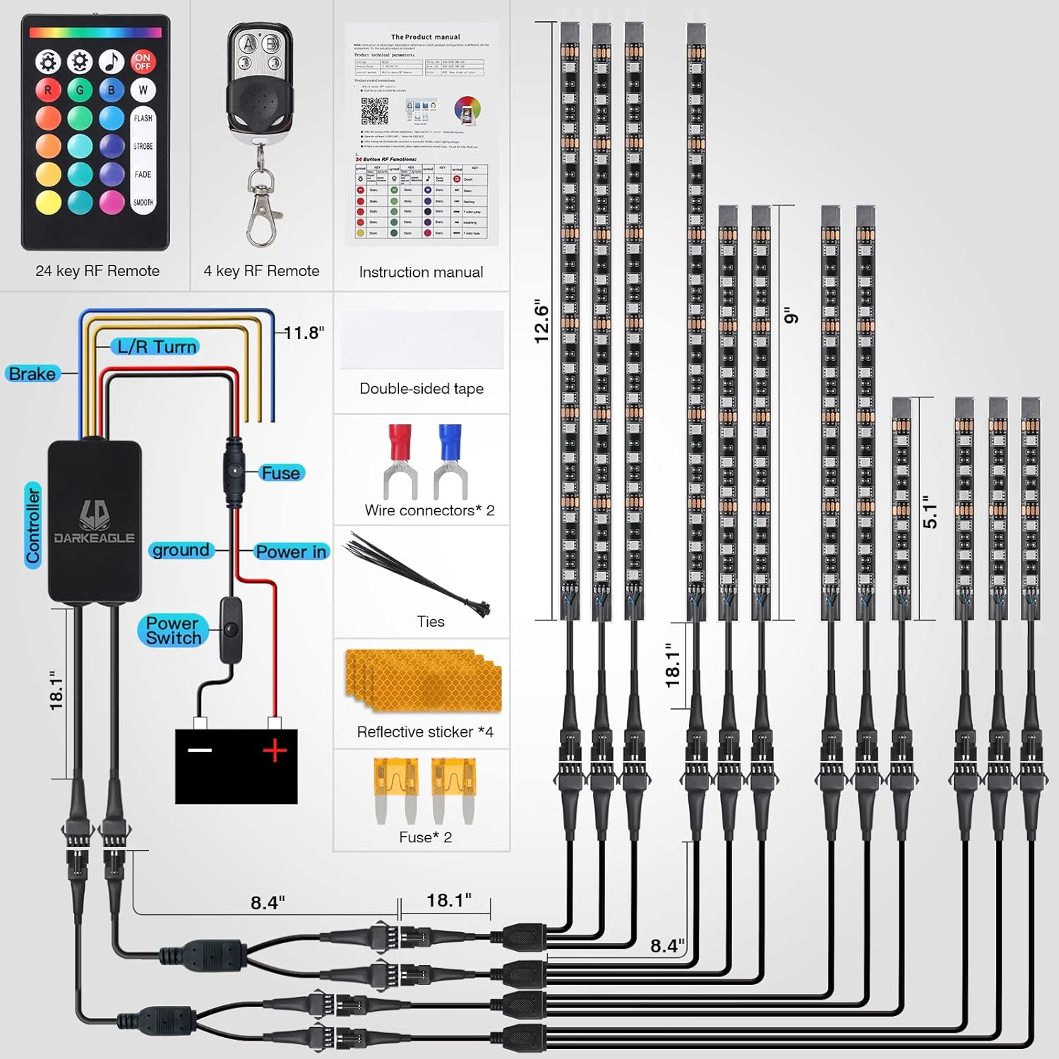 12pcs Motorcycle LED Light Kit Brake Light Turn Signal