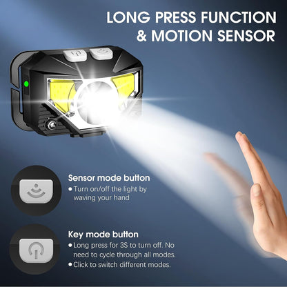 2-Pack LED Rechargeable Headlamp Flashlight Waterproof Motion Sensor