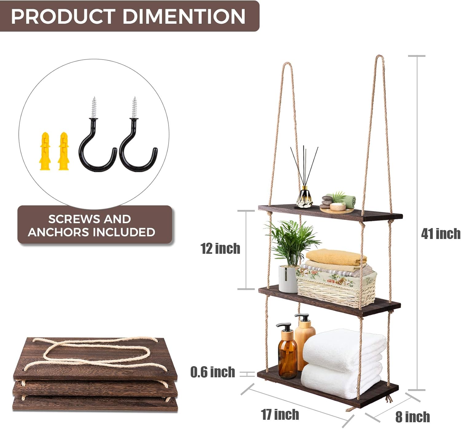 3-Tier Wall Shelf Hanging Shelf for Plants Indoor Decor