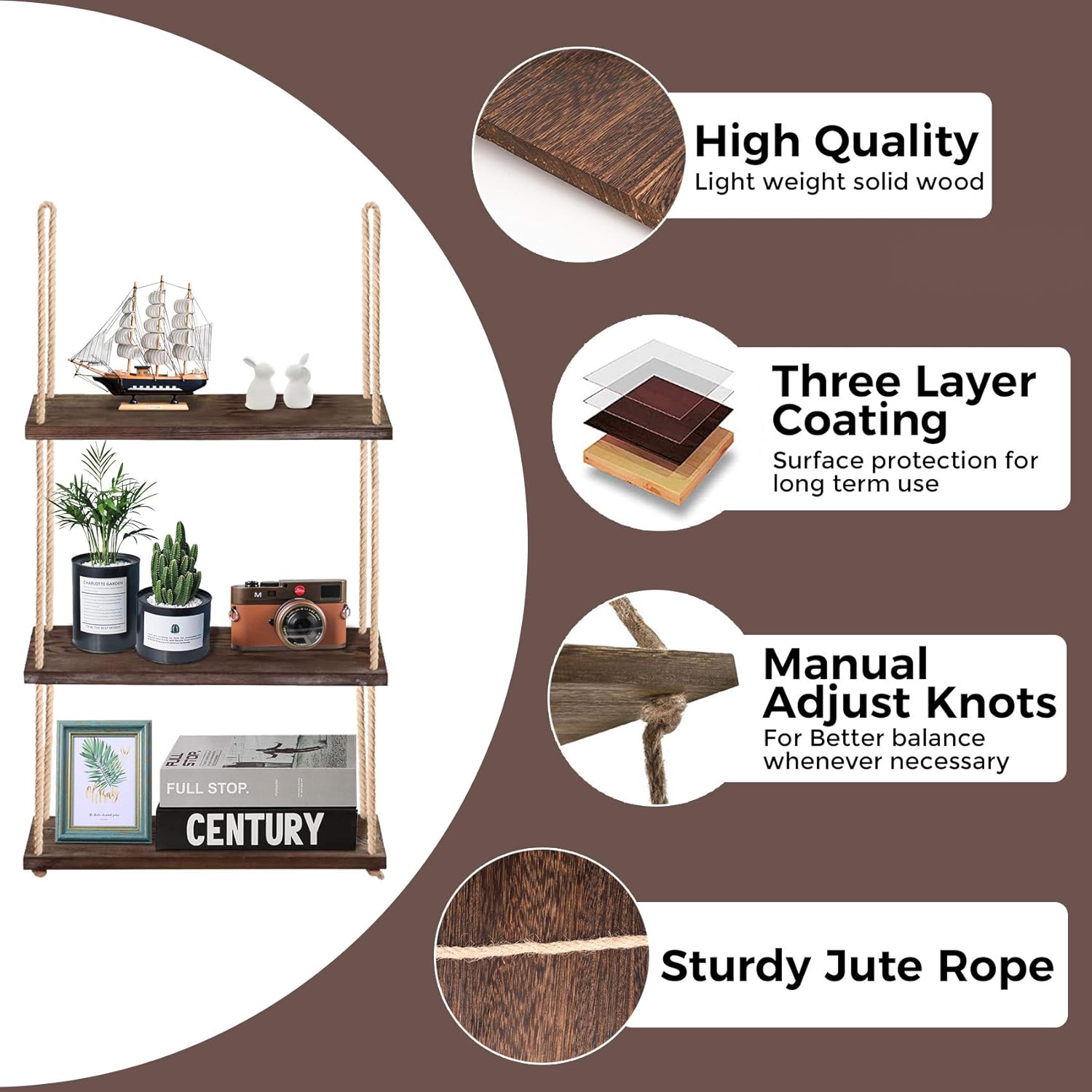 3-Tier Wall Shelf Hanging Shelf for Plants Indoor Decor