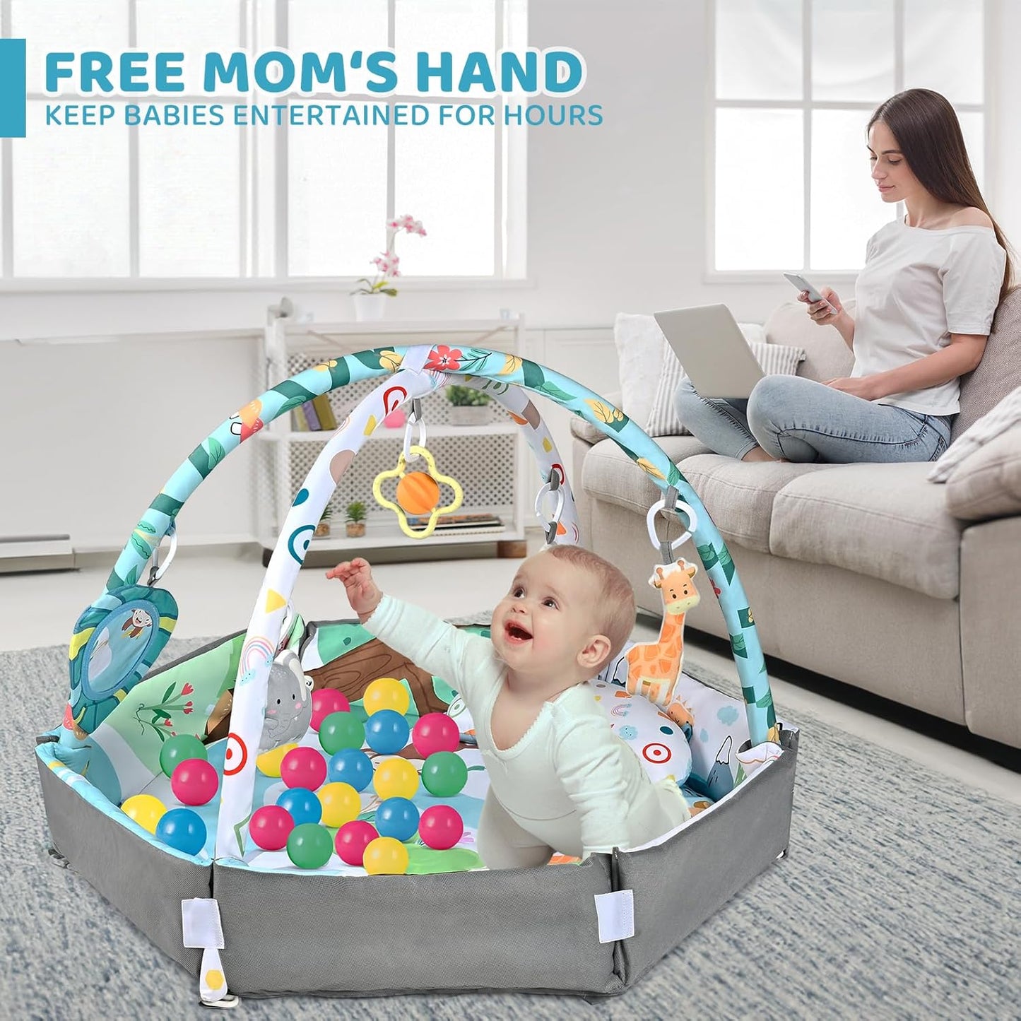 8-in-1 Baby Play Mat and Ball Pit with Toys for Tummy Time