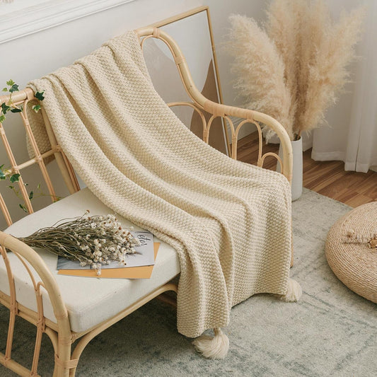 Cozy Cotton Knitted Blanket with Tassels for Home and Office Comfort