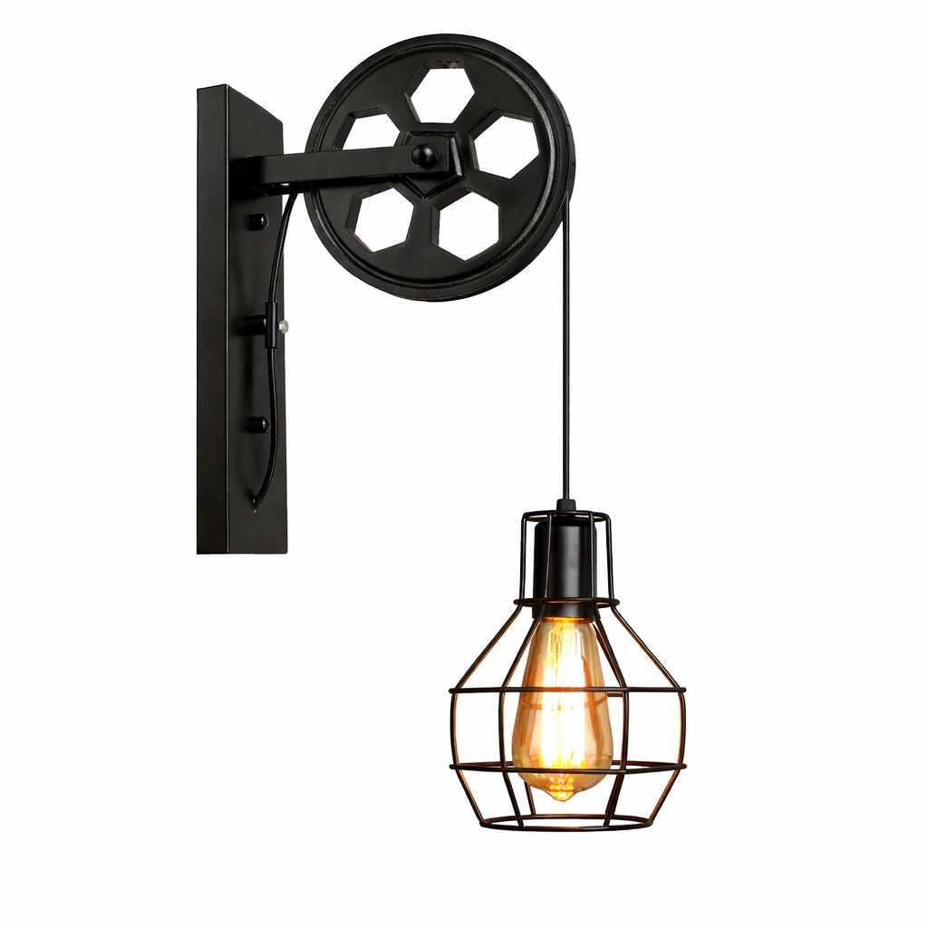 Industrial Pulley Wall Light with Metal Cage Shade