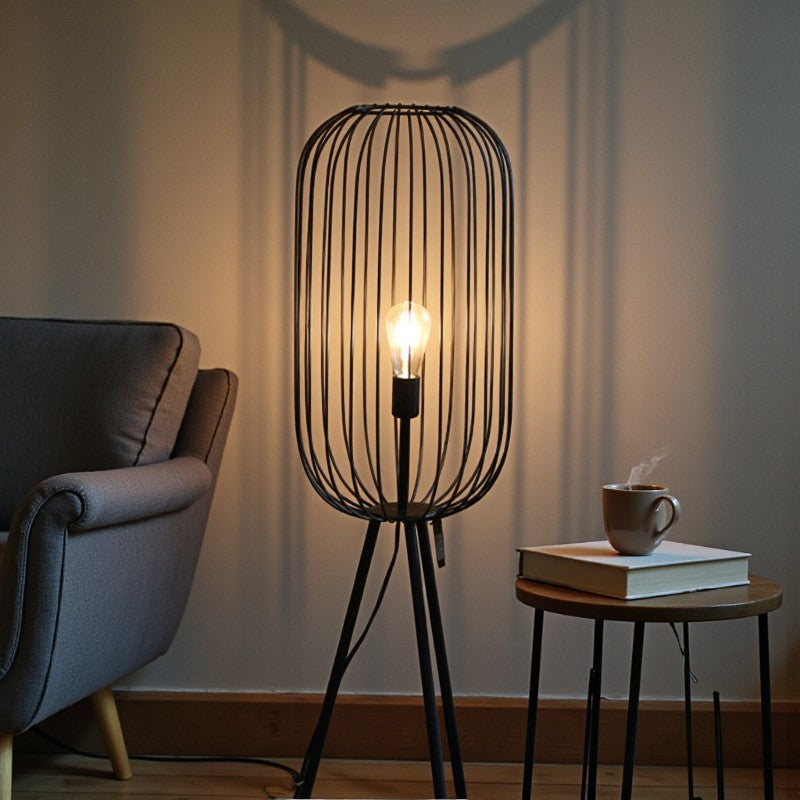 Black Metal Cage Floor Lamp with Tripod Base for Living Room