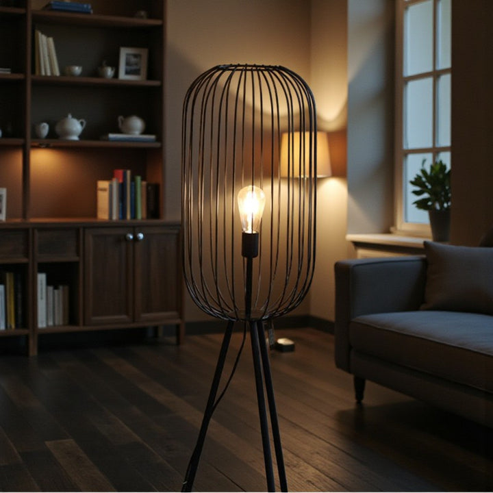 Black Metal Cage Floor Lamp with Tripod Base for Living Room