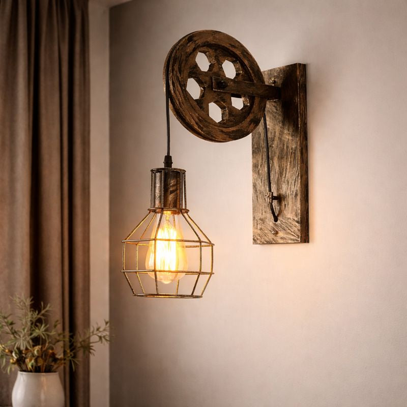 Industrial Pulley Wall Light with Metal Cage Shade
