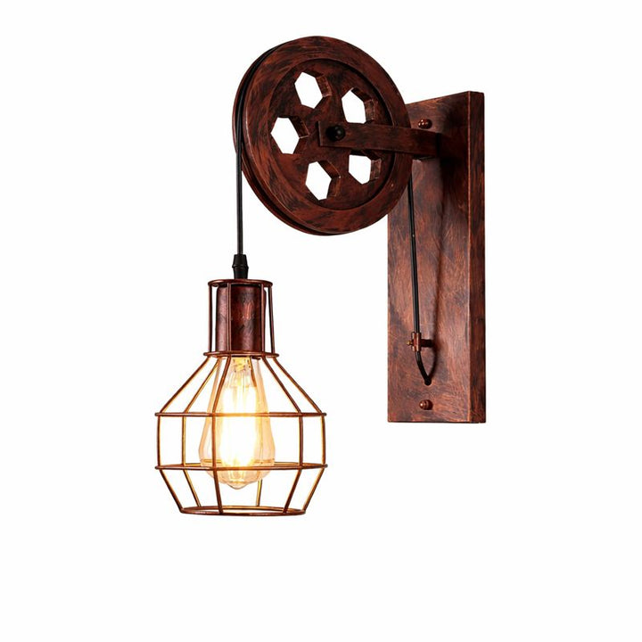 Industrial Pulley Wall Light with Metal Cage Shade