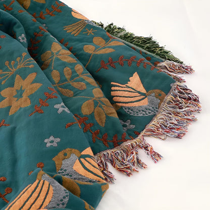 Cotton Reversible Blanket - Boho Bird and Flower Pattern for Home Decor