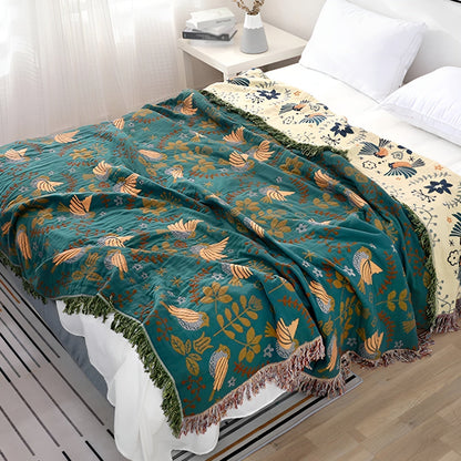Cotton Reversible Blanket - Boho Bird and Flower Pattern for Home Decor