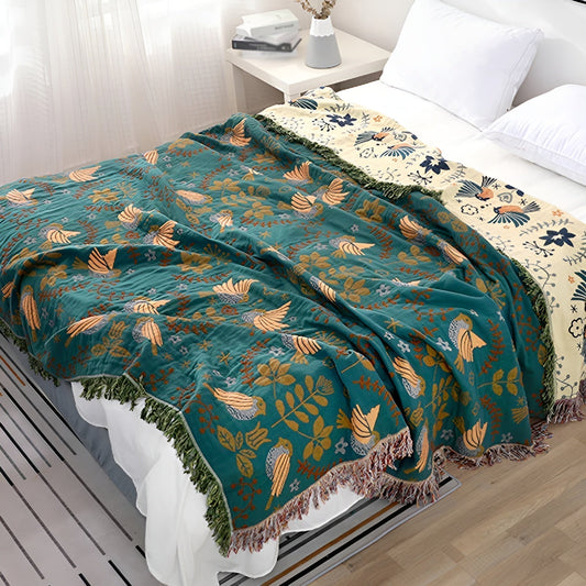 Cotton Reversible Blanket - Boho Bird and Flower Pattern for Home Decor