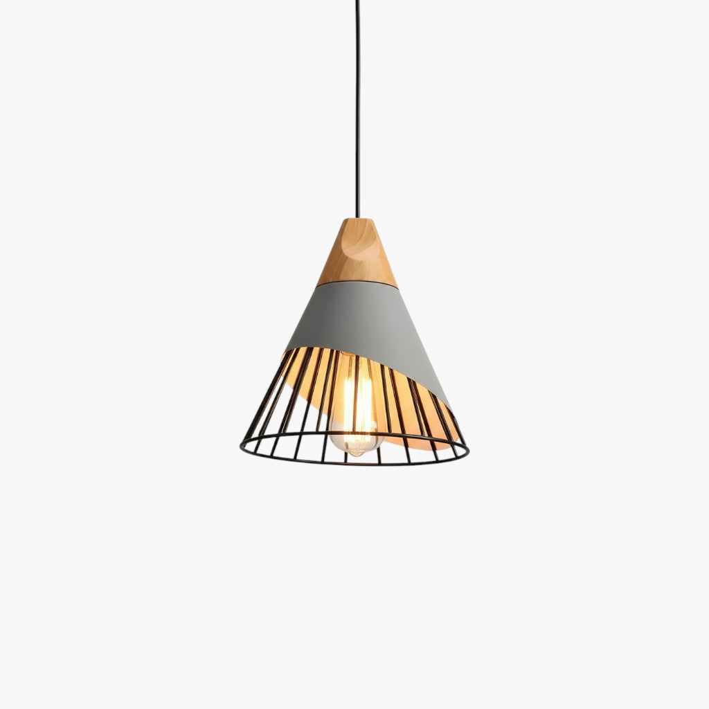 Industrial Cage Pendant Light with Wood Accent