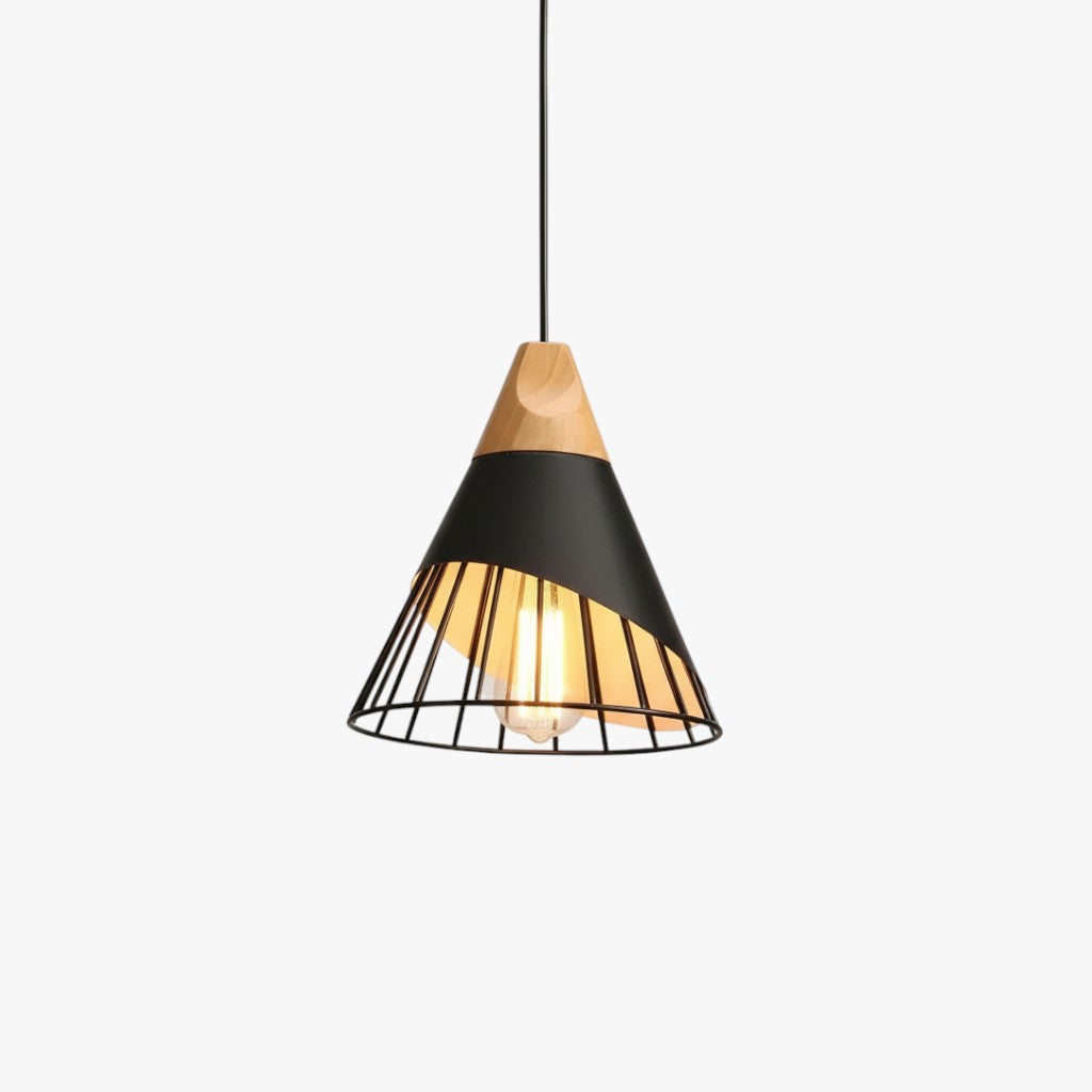 Industrial Cage Pendant Light with Wood Accent