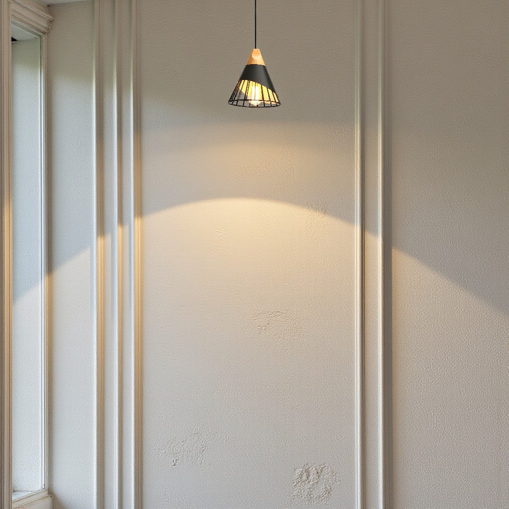 Industrial Cage Pendant Light with Wood Accent