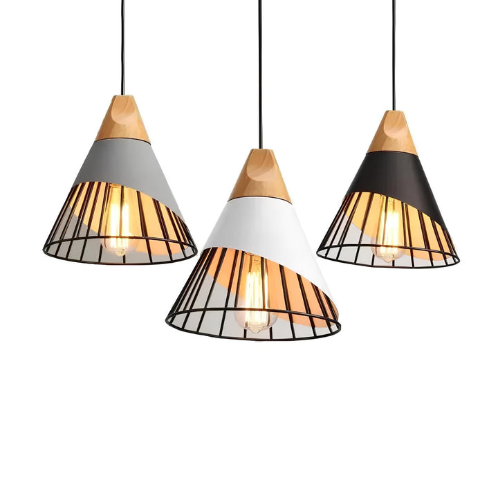 Industrial Cage Pendant Light with Wood Accent