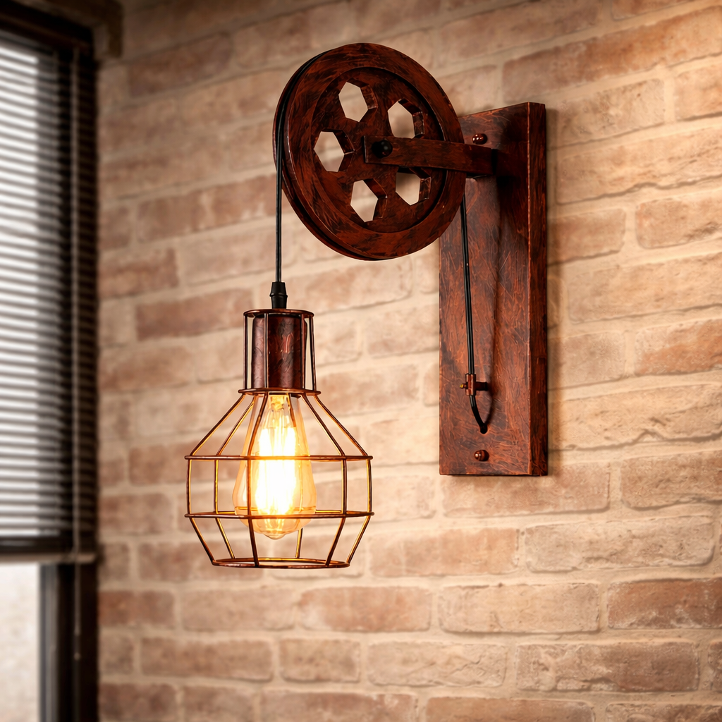 Industrial Pulley Wall Light with Metal Cage Shade