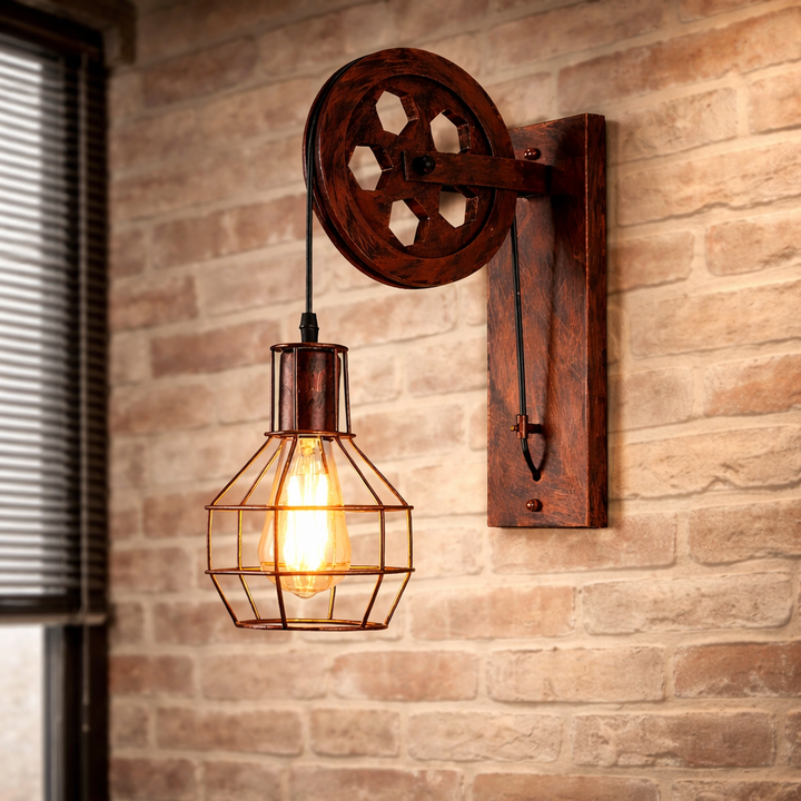 Industrial Pulley Wall Light with Metal Cage Shade