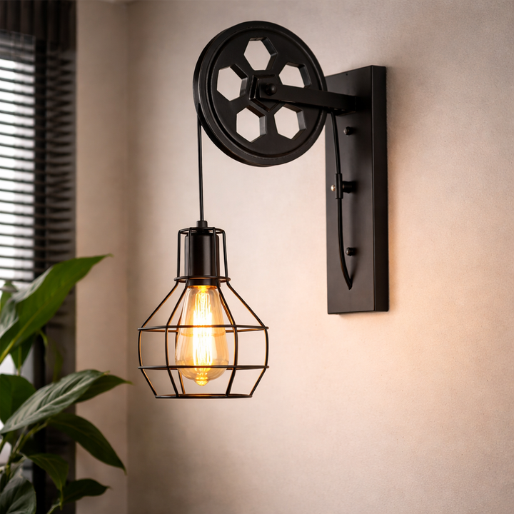 Industrial Pulley Wall Light with Metal Cage Shade