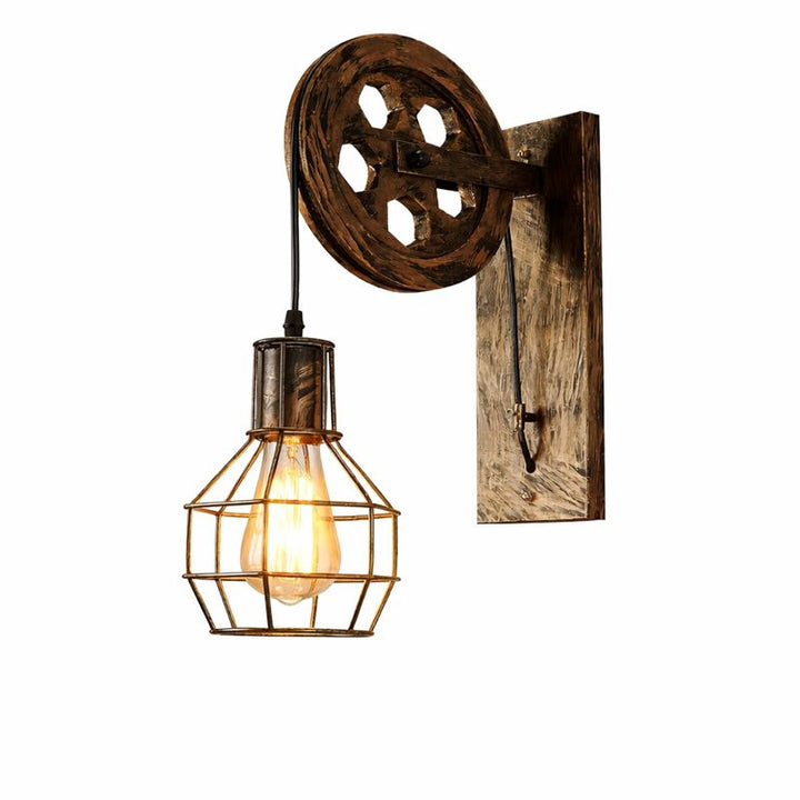 Industrial Pulley Wall Light with Metal Cage Shade