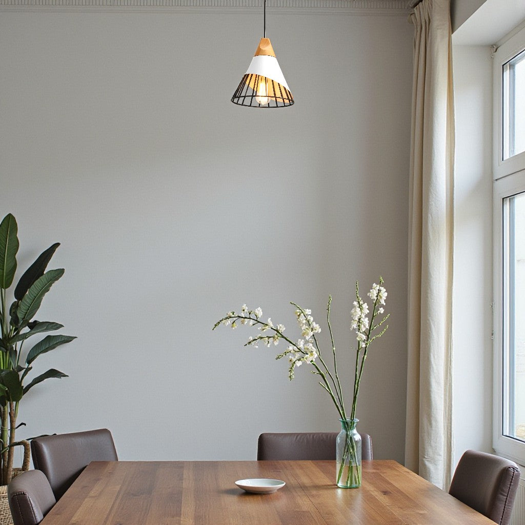 Industrial Cage Pendant Light with Wood Accent