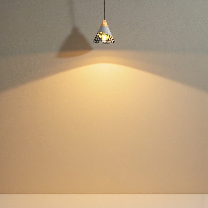 Industrial Cage Pendant Light with Wood Accent