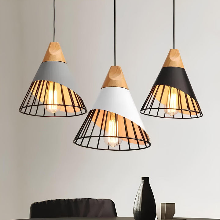 Industrial Cage Pendant Light with Wood Accent