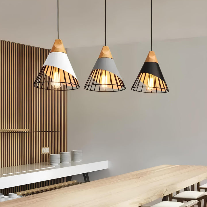 Industrial Cage Pendant Light with Wood Accent