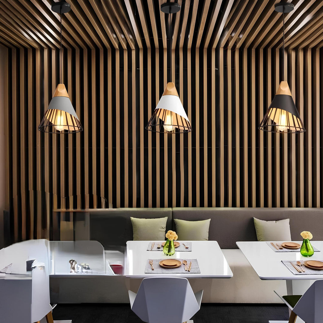 Industrial Cage Pendant Light with Wood Accent