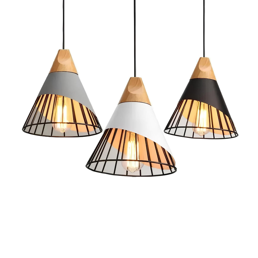 Industrial Cage Pendant Light with Wood Accent