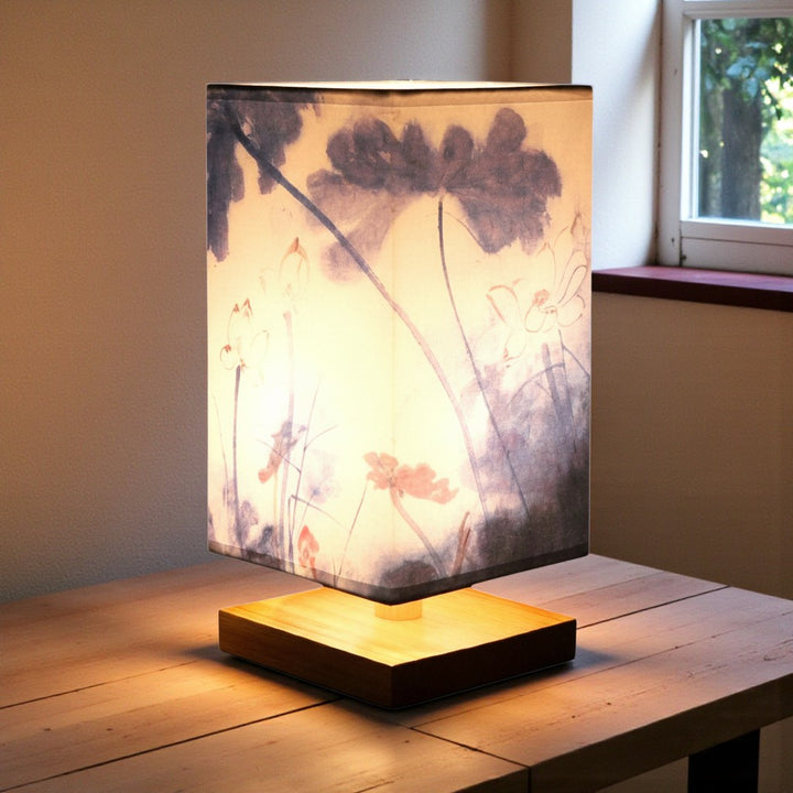 Japanese Style Table Lamp with Fabric Shade and Wooden Base