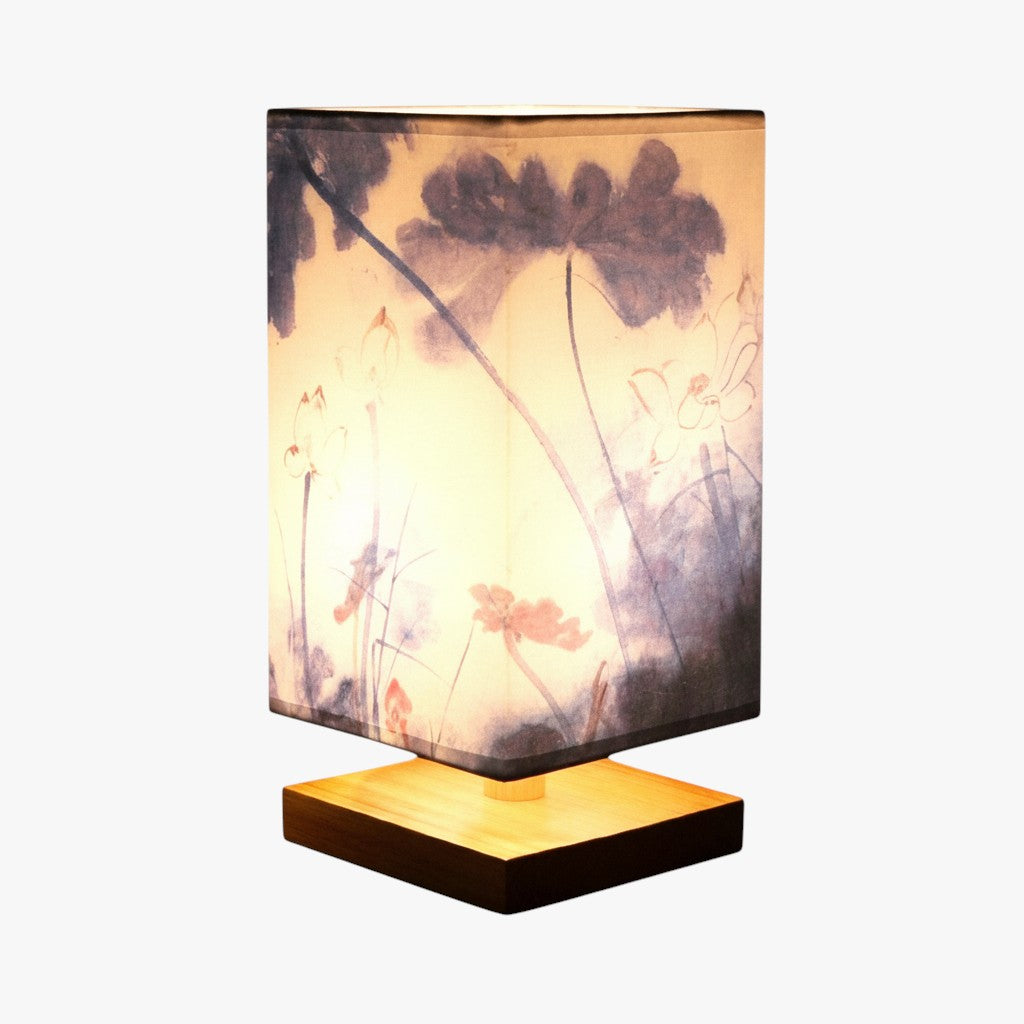 Japanese Style Table Lamp with Fabric Shade and Wooden Base