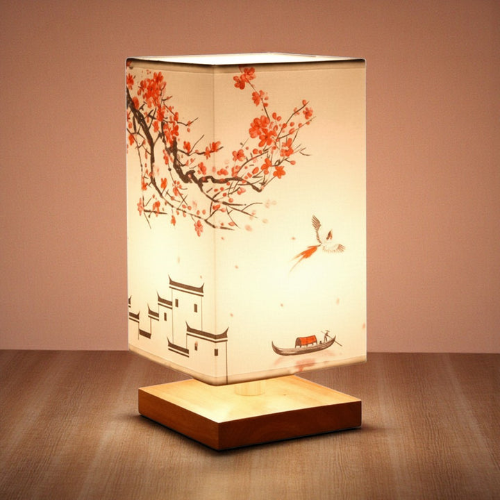 Japanese Style Table Lamp with Fabric Shade and Wooden Base