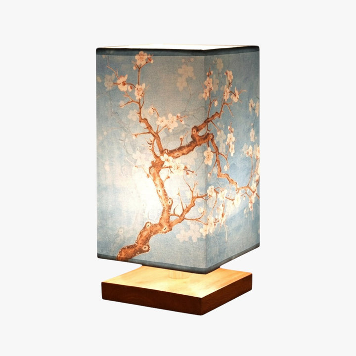Japanese Style Table Lamp with Fabric Shade and Wooden Base