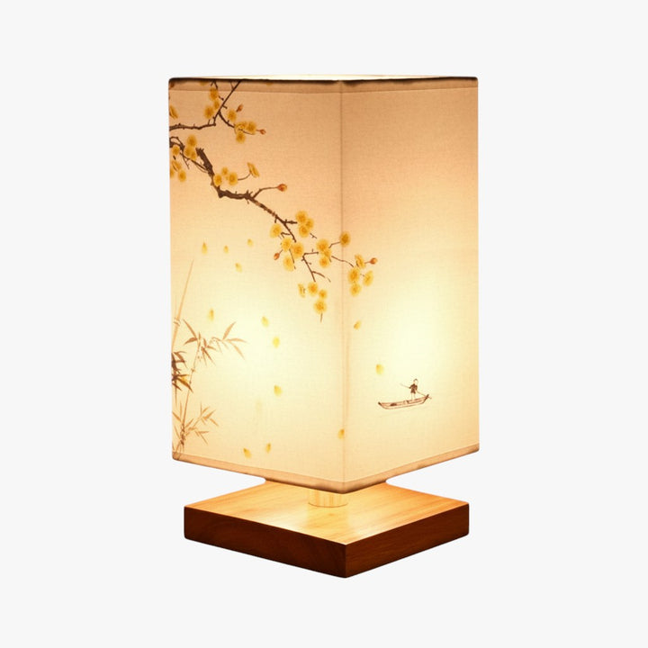 Japanese Style Table Lamp with Fabric Shade and Wooden Base