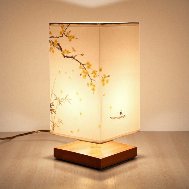 Japanese Style Table Lamp with Fabric Shade and Wooden Base
