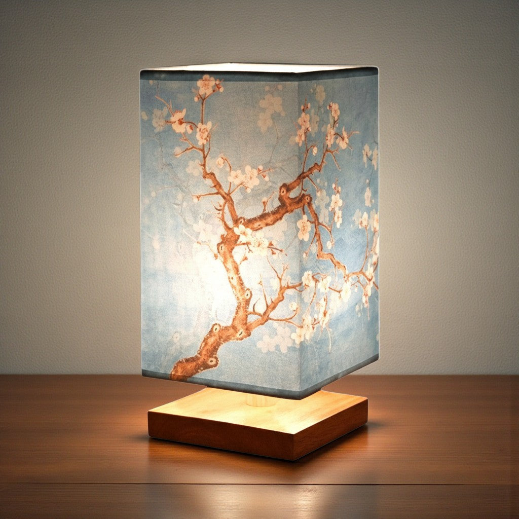 Japanese Style Table Lamp with Fabric Shade and Wooden Base
