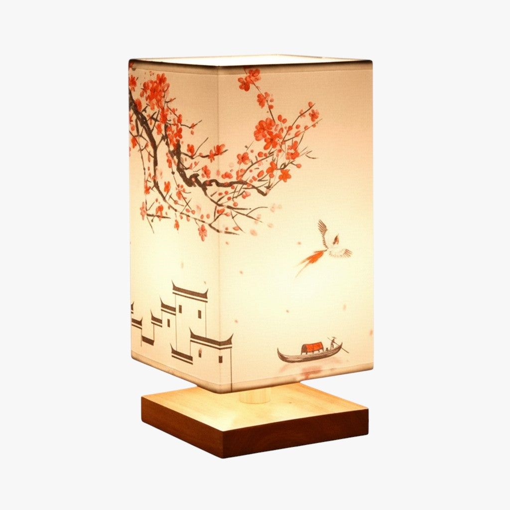 Japanese Style Table Lamp with Fabric Shade and Wooden Base
