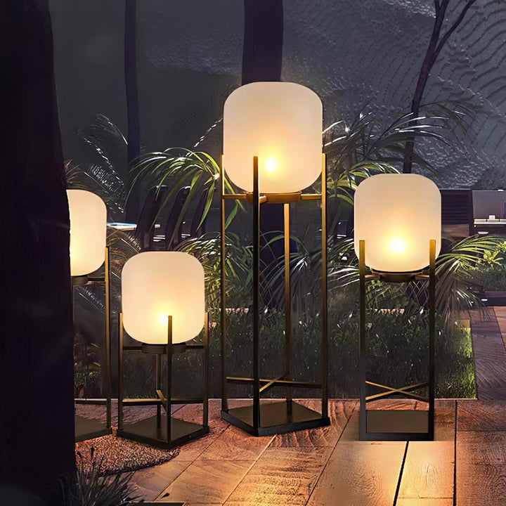 Outdoor Lantern Floor Lamp with Glass Shade and Metal Frame