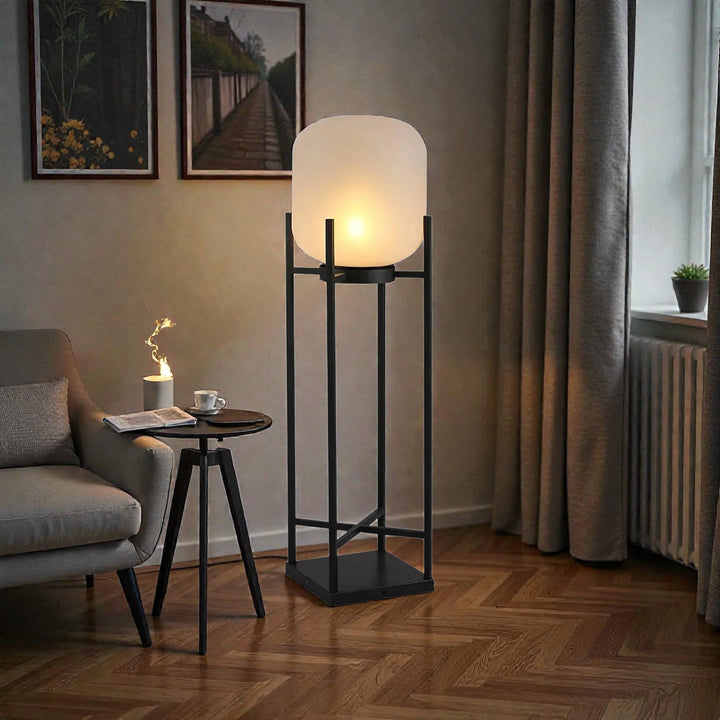 Outdoor Lantern Floor Lamp with Glass Shade and Metal Frame